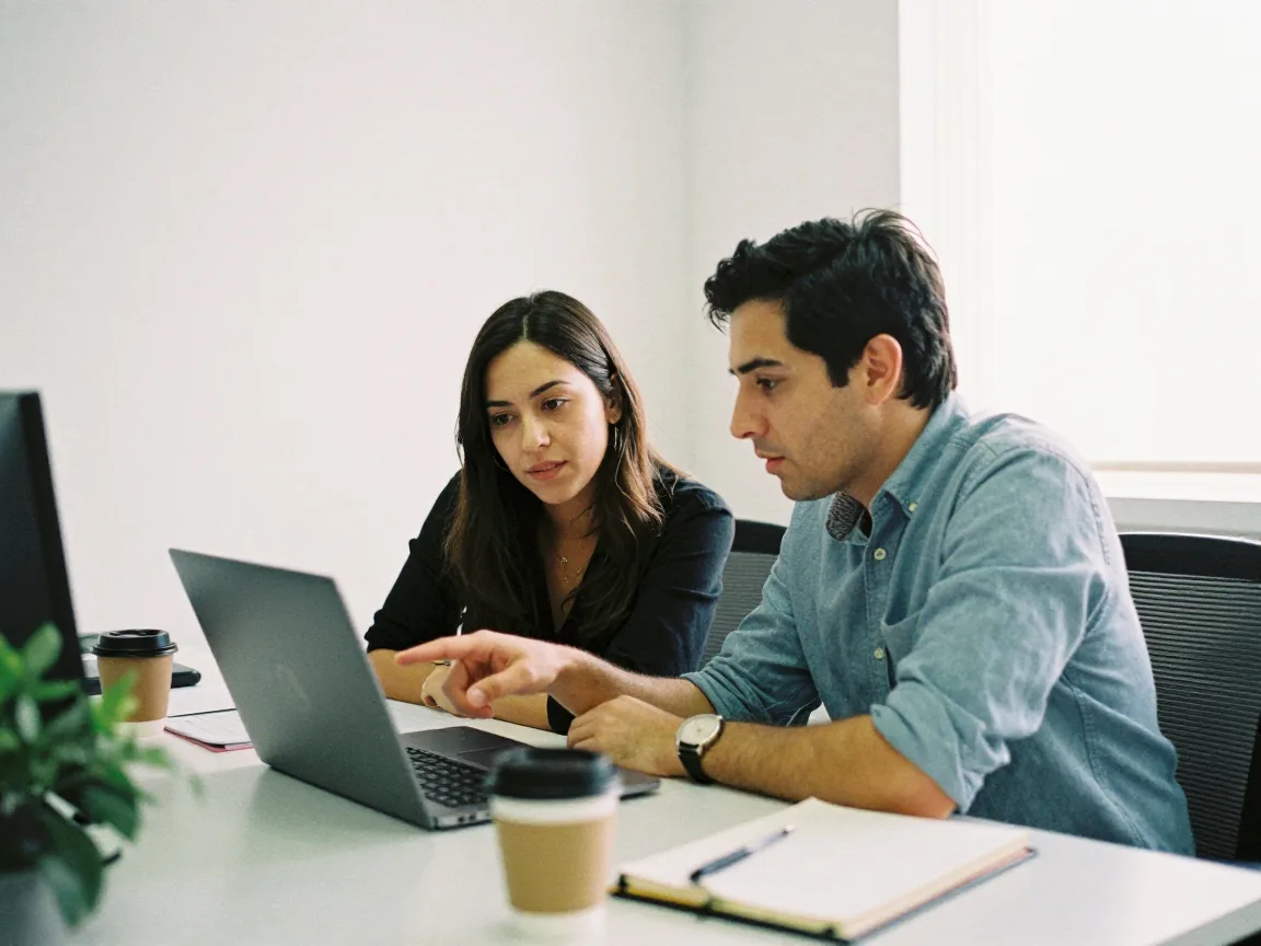 Dos colegas de una agencia de marketing revisando una laptop