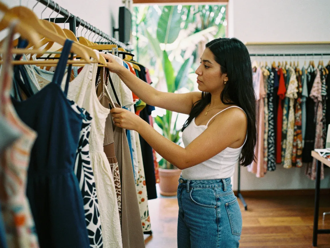Dueña de una boutique acomodando ropa mientras revisa su celular