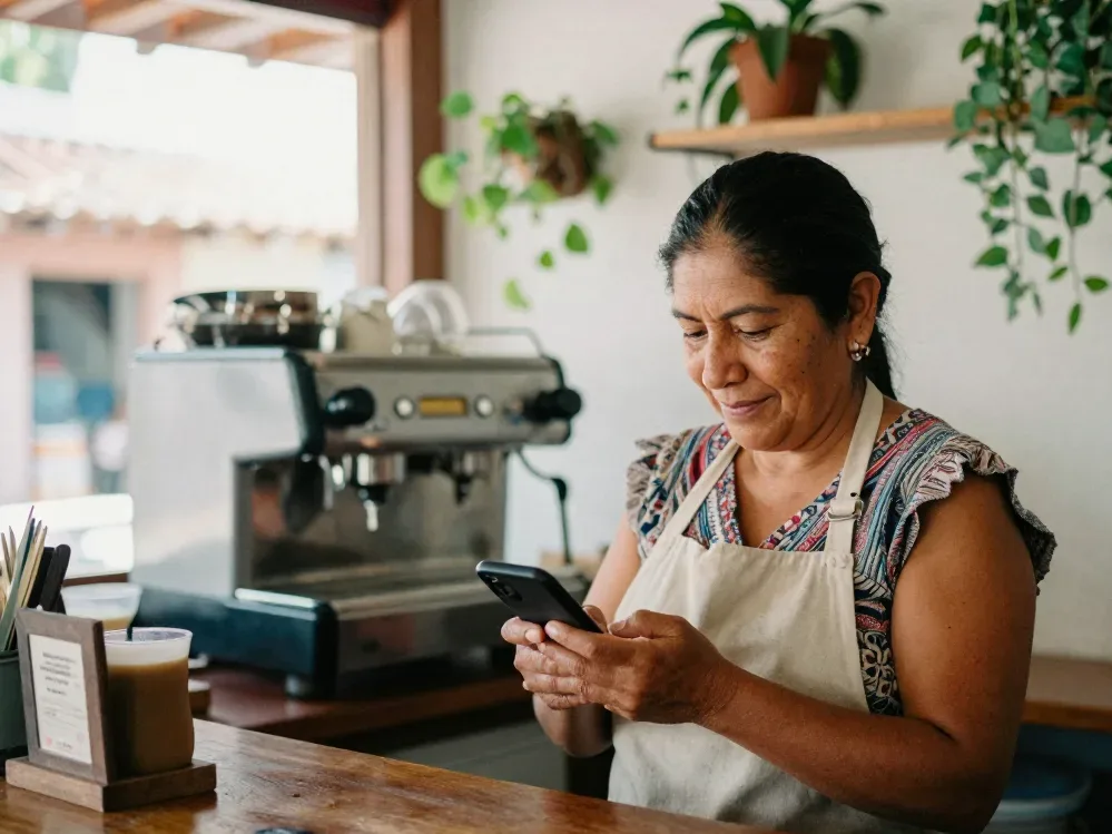Dueña de una cafetería en Mérida respondiendo mensajes desde su celular