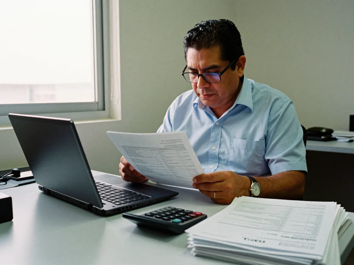 Contador revisando facturas impresas junto a su laptop