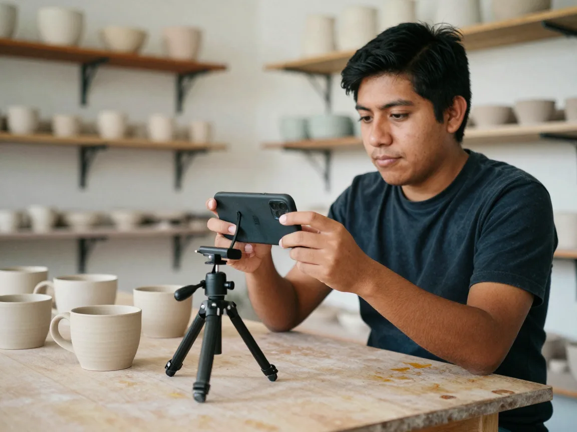 Creador grabando un video de tazas de cerámica con su celular