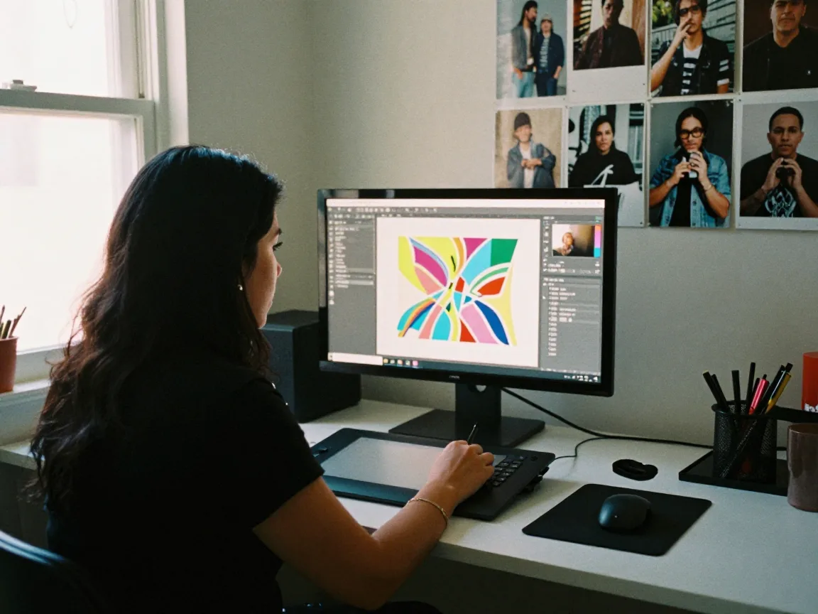 Diseñadora trabajando con una tableta gráfica y un monitor