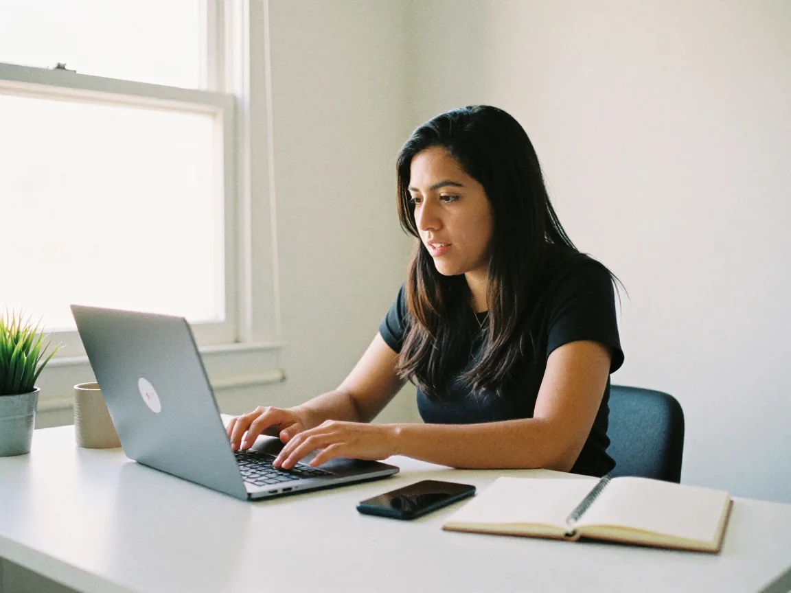 Emprendedora hablando con un asistente de IA en su laptop
