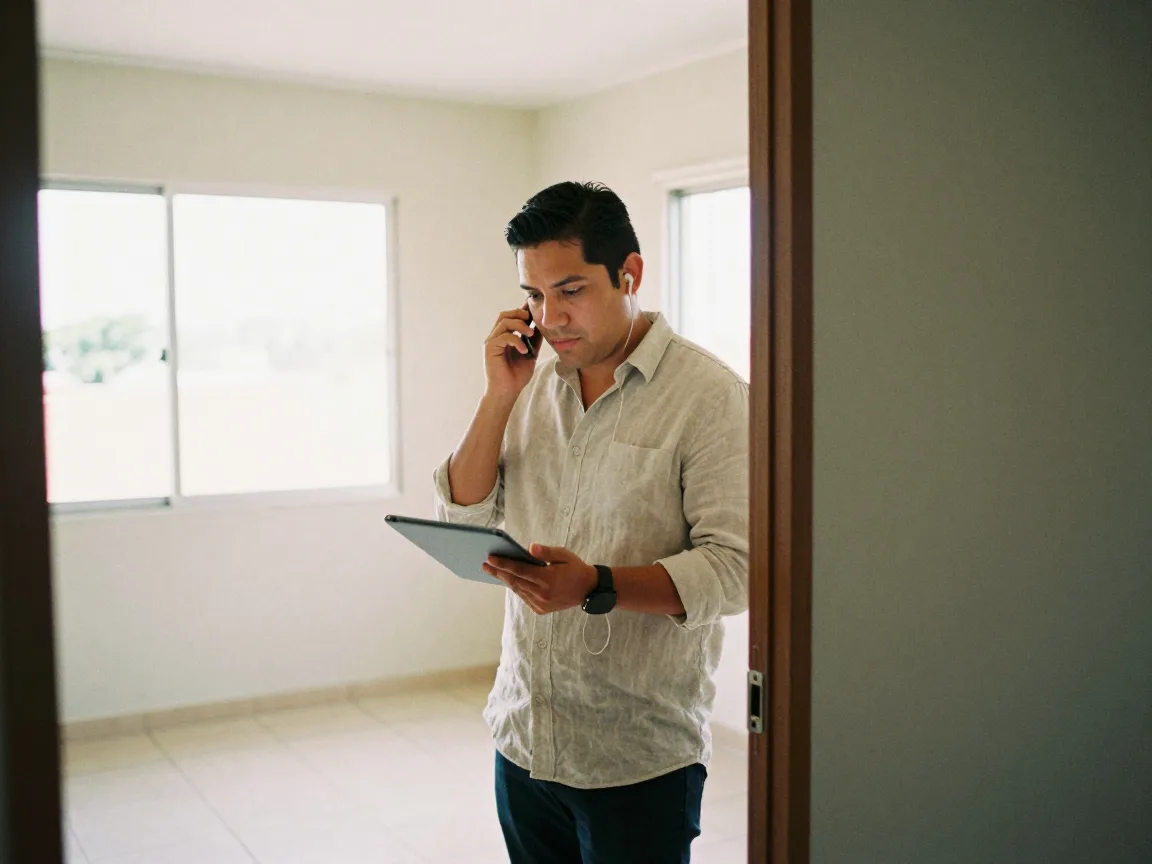 Agente inmobiliario atendiendo una llamada dentro de una casa vacía