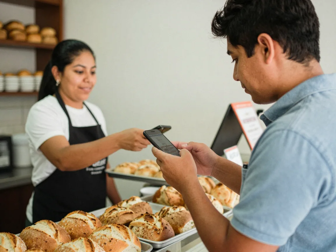 Cliente mostrando su celular a una panadera en el mostrador